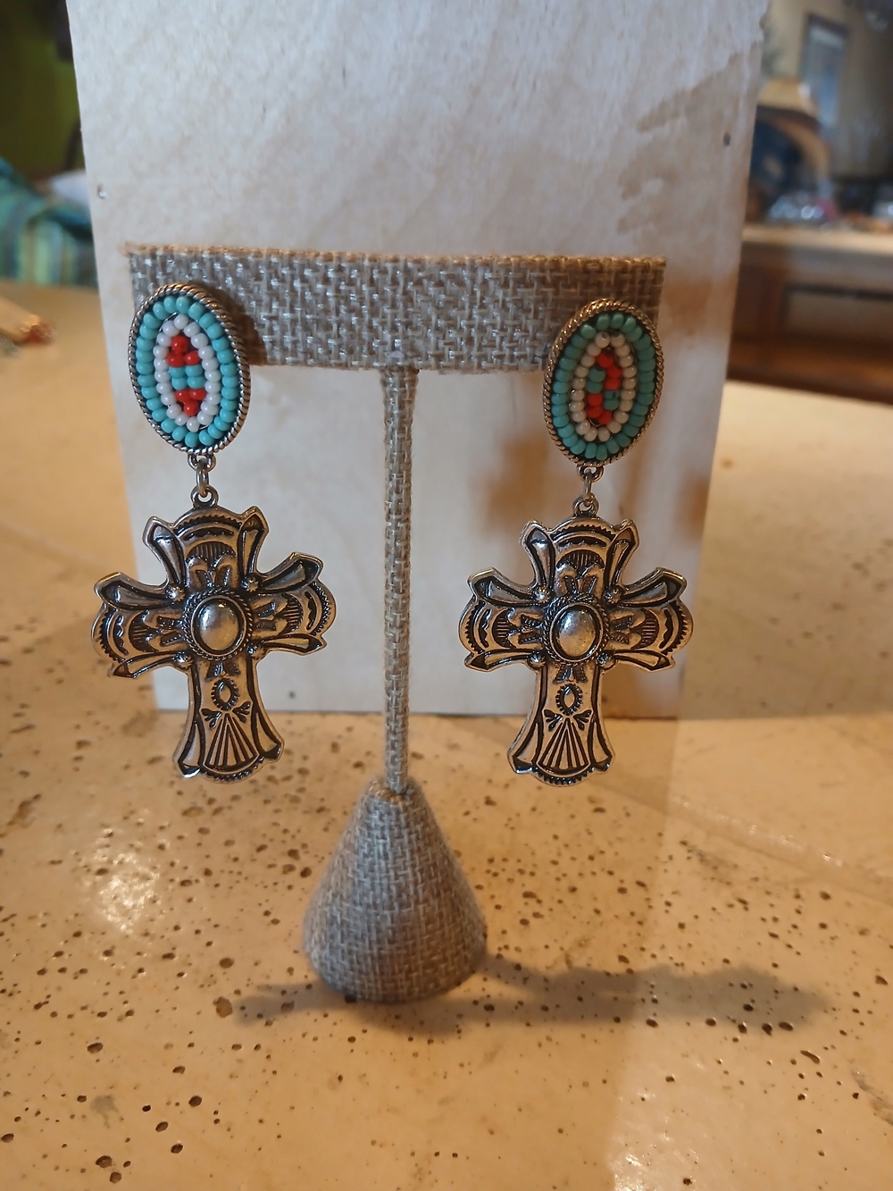 Turquoise Beaded Cross Drop Earrings - Women's Silver Tone